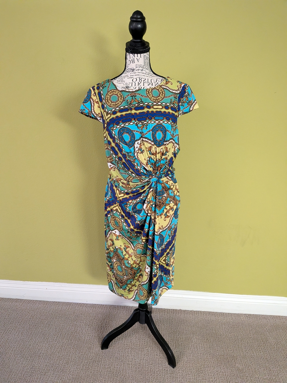 Turquoise & Gold Paisley Twist-Front Women’s Dress